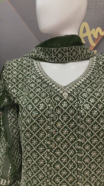 Green Georgette Anarkali Kurti Set Size 42 - Silver Zari Party Wear