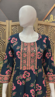 Pure Cotton Blue Long Floral Kurti