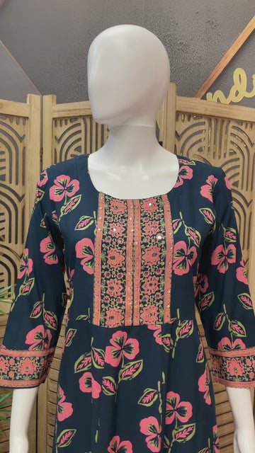 Pure Cotton - Blue long Floral kurti