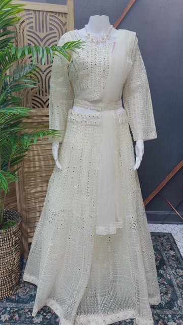 White Heavy Work Lehenga Set - Full Sleeves with Belt