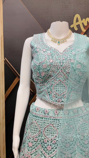 Pastel Net Lehenga Set with Real Mirror Work - Heavy Thread Embroidery