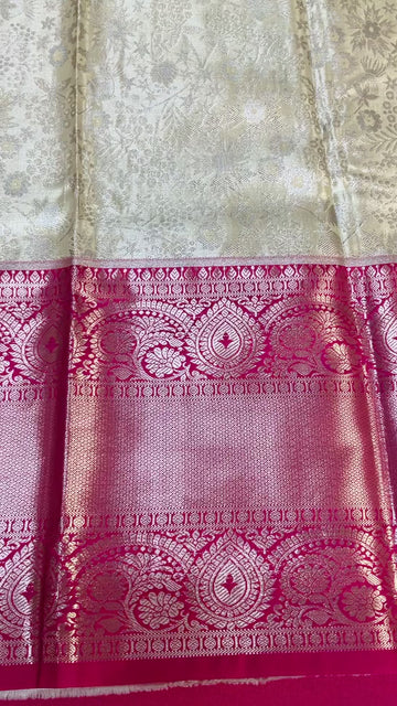 Semi Silk Beige/ Gold & pink Border Saree