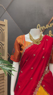 Teenage Girls Yellow & Red Semi Paithani Half saree/Lehenga set