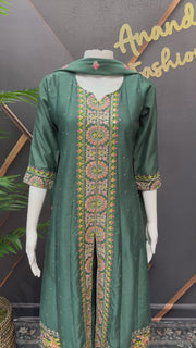 Teenage Girls Dark Green Embroidered Anarkali Churidar Set