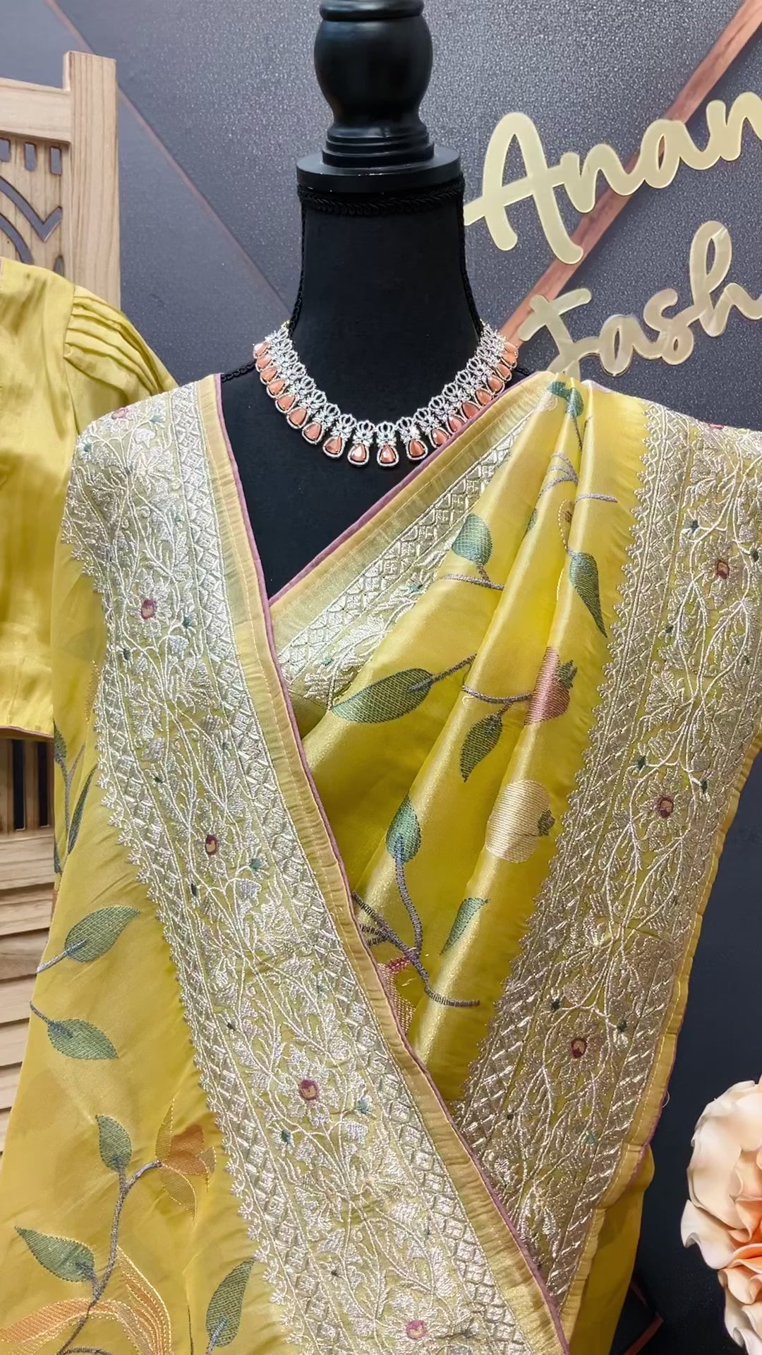 Oragnza Tissue Embroidery work  saree with Stitched blouse