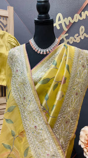 Oragnza Tissue Embroidery work saree with Stitched blouse