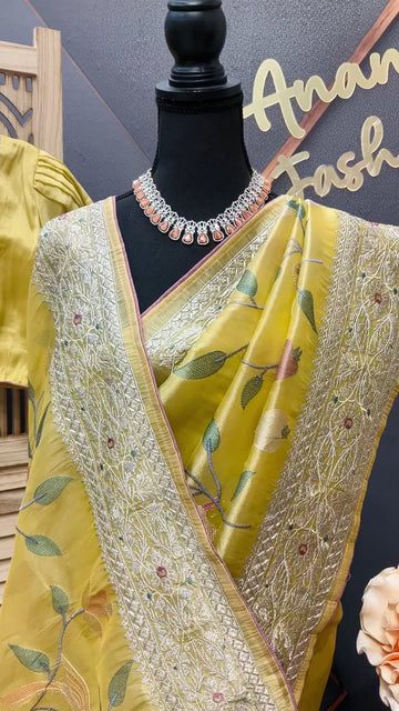 Oragnza Tissue Embroidery work saree with Stitched blouse