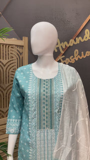 Women’s Light Blue Cotton Chikankari Kurti Set