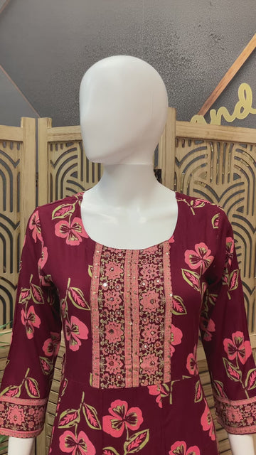 Pure Cotton - Red Floral long kurti