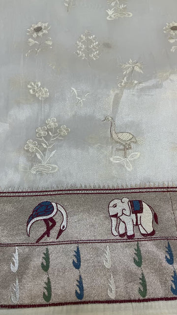 Orangza Tissue Saree with Embroidery Work & Stitched Blouse