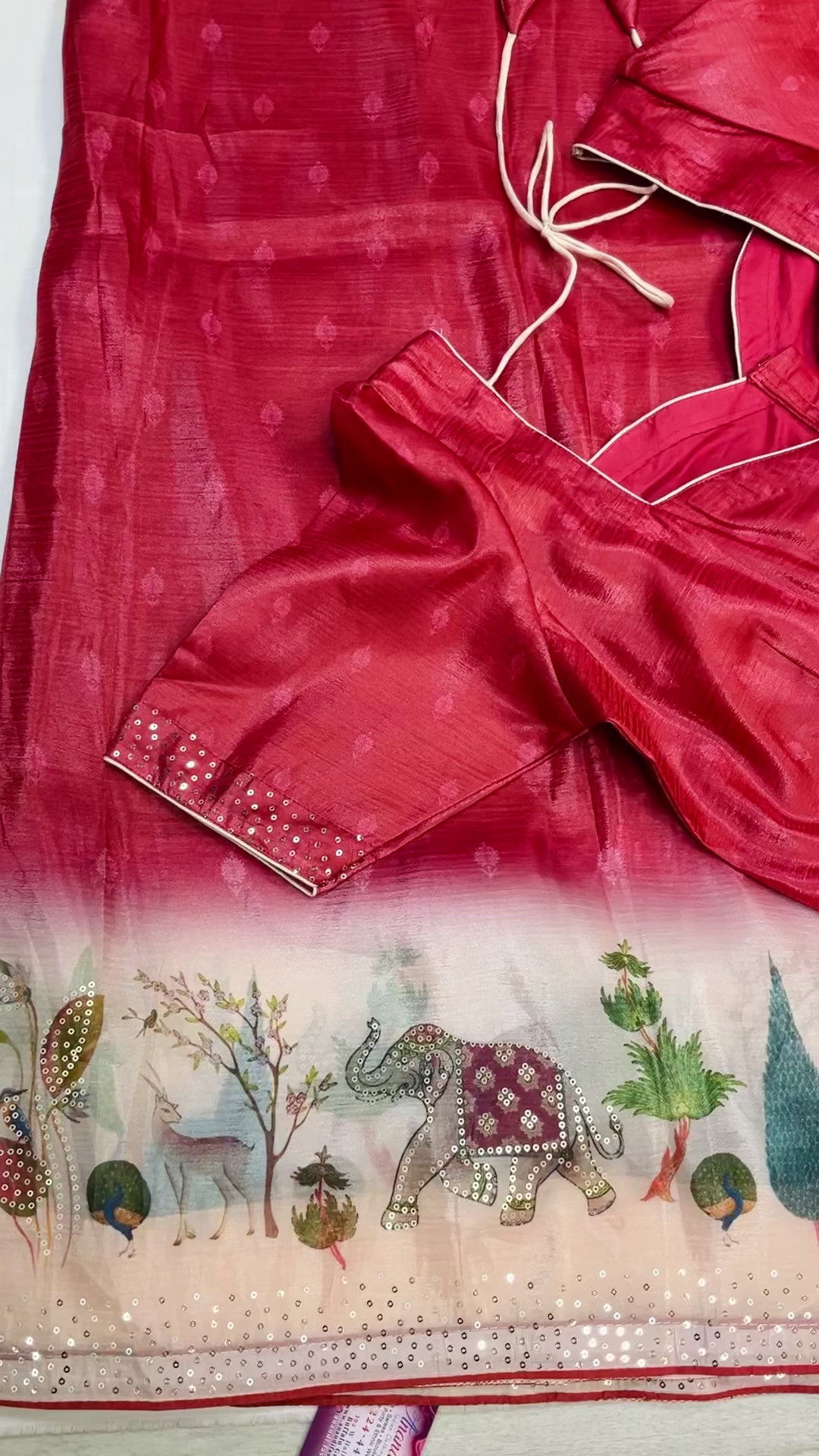 Red Party wear saree with Stitched blouse - fall pico done