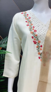 Half White Roman Silk Kurti Set Dupatta