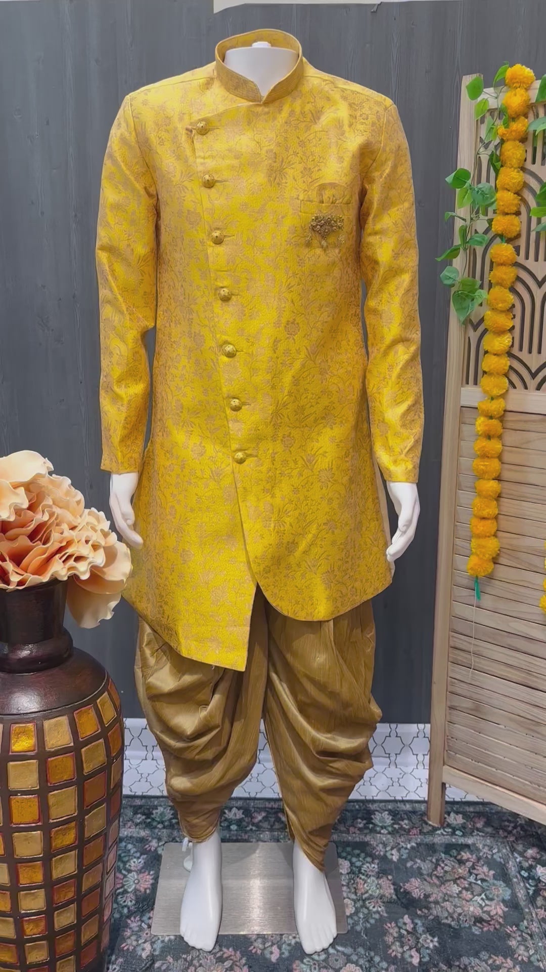 Indo Western Style -Yellow Mens sherwani with Dhoti Pants