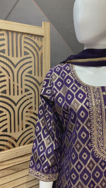 Purple Party Wear Palazzo Set - Full Brocade Design with Lining