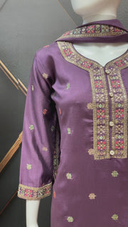 Teenage Girls Purple Embroidered Kurti Set