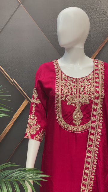 Red Party Wear Palazzo Set - Gold Zari Work