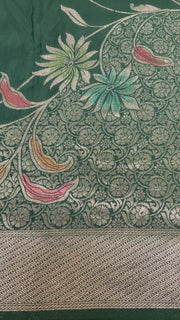 Bottle green Benarasi saree with stitched Blouse