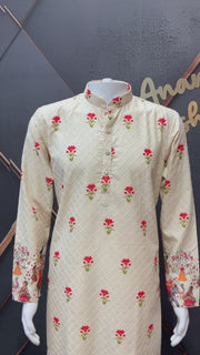 Beige Color Embroidery Work Mens kurta set with Digital Print