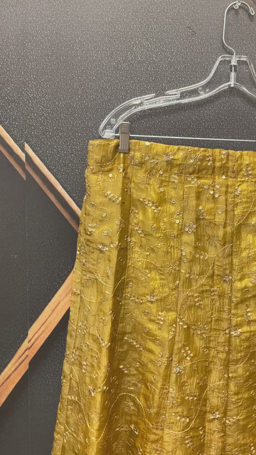 Gold Party Wear Lehenga Skirt - Crushed Tissue with Embroidery