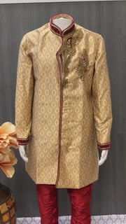 Men’s Gold Oval Buti Jacquard Sherwani with Maroon Zardozi Embroidery