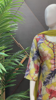 Women’s Floral Pattern Satin Silk with Chiffon Dupatta Kurti Set