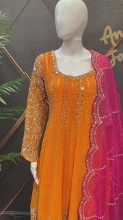 Orange Georgette with Real Mirror Work Pink Dupatta Sharara Set