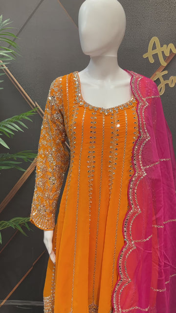 Size 44-Orange Georgette Sharara Set with Real Mirror Work - Pink Dupatta Party Wear
