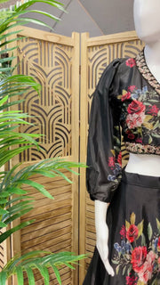 Black Floral Lehenga Set Satin Silk with Net Dupatta