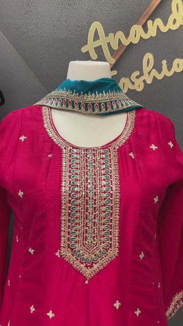 Plus Size Pink Anarkali Kurti Set Size 44/46 - Vichitra Silk Party Wear