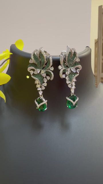 Silver Finish - Emerald Green Earrings
