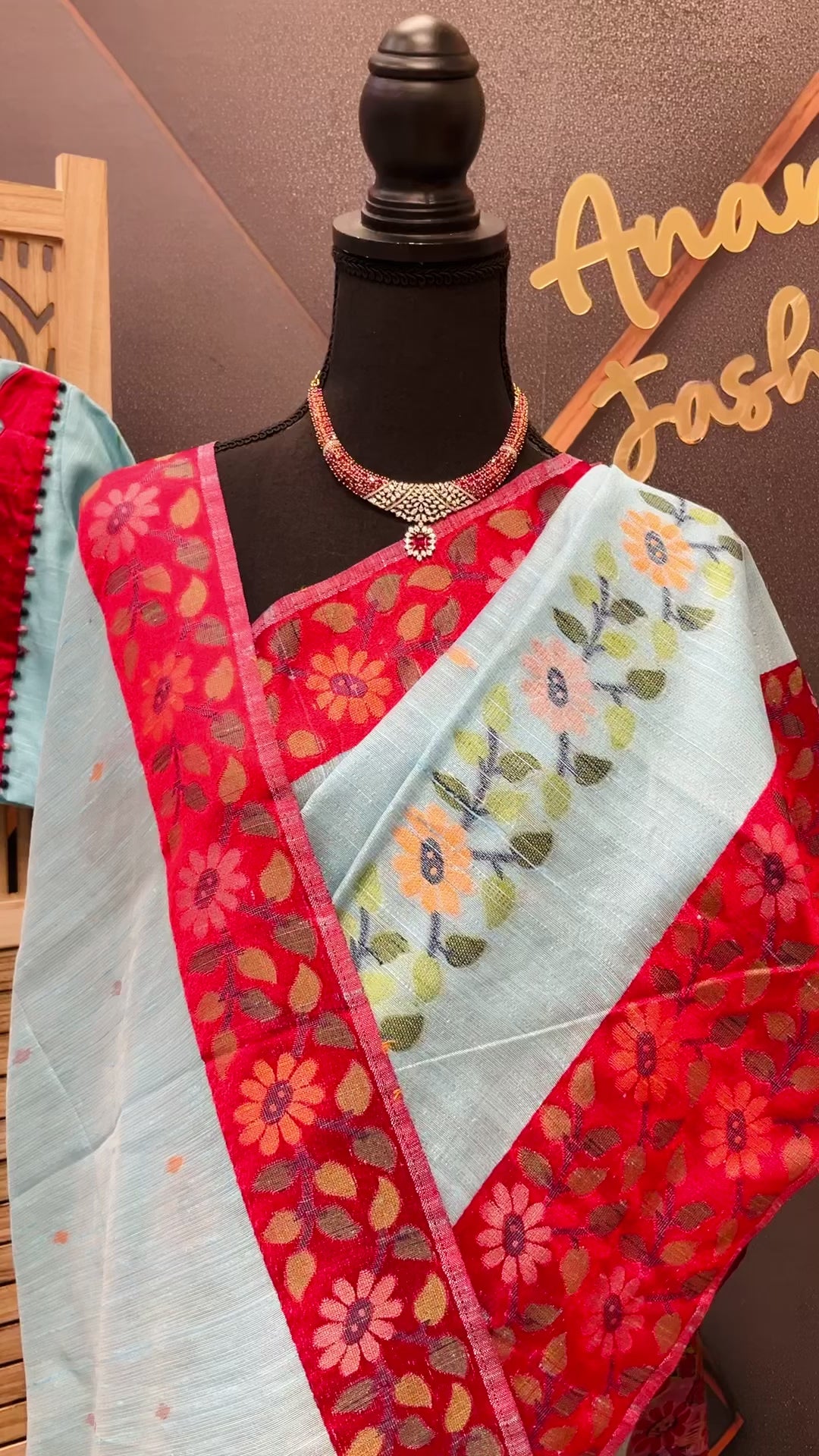 Blue-Lenin Jamdhani weaving Saree with Stitched blouse-fall pico done