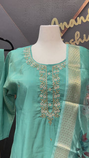 Size 52- Plus Size - Aqua Green- Shimmery Tissue Party Wear Kurti Set