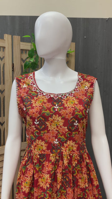 Sleeveless Red Pure Cotton Summer Frock/Kurti - Size 42/44