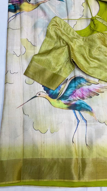 Digital Print - Tussar Silk Saree with Stitched Blouse