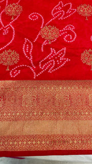 Red Bandhani Weaving Semi Silk Saree with Stitched Blouse