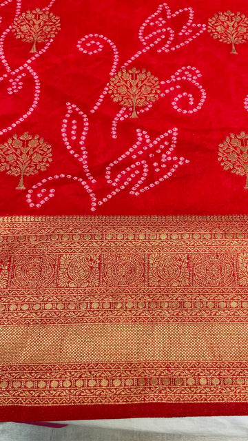 Red Bandhani Weaving Semi Silk Saree with Stitched Blouse