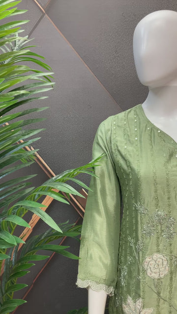 Pastel Green Party Wear Sharara Suit - Satin Silk with Patch Work