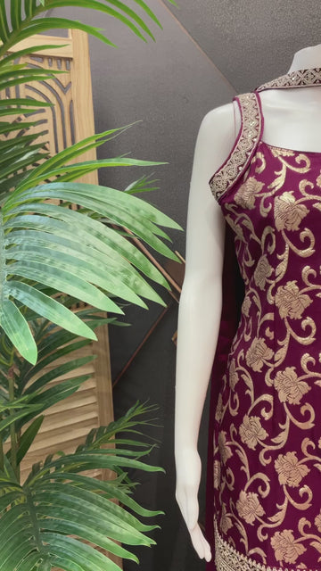 Semi Benarasi Satin Silk Sharara Set - Party Wear