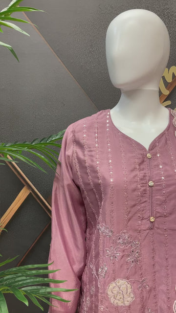 Size 44-Party Wear Sharara Set with Patch Work - Satin Silk Embroidery