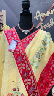 Yellow-Lenin Jamdhani saree with Stitched blouse