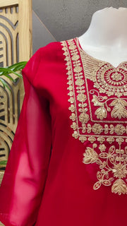 Women’s Red Georgette Embroidery Work Pants Kurti Set