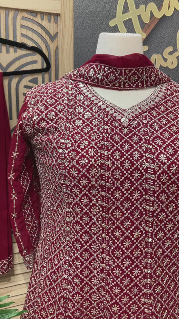 Maroon Georgette Anarkali Kurti Set Size 44 - Silver Zari Party Wear