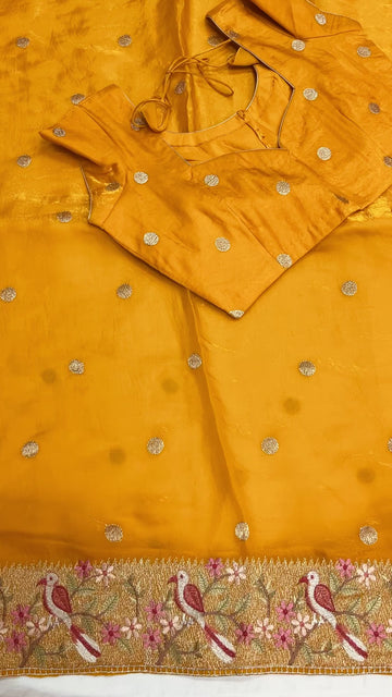 Mango yellow Crushed Tissue embroidery saree with Stitched blouse