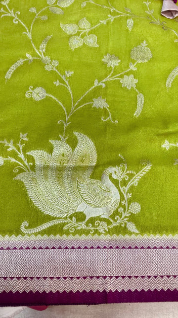 Lime Green Raw Mango Silk Saree with Stitched Blouse - Zari Work