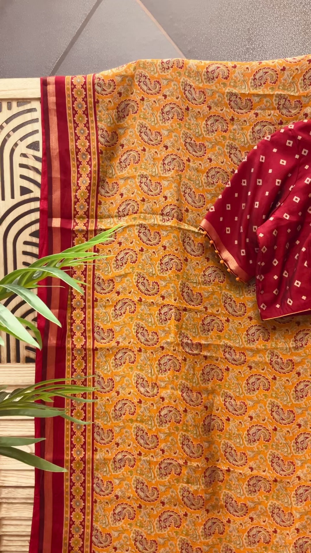 Yellow Ajrakh Print Sarees with stitched blouse