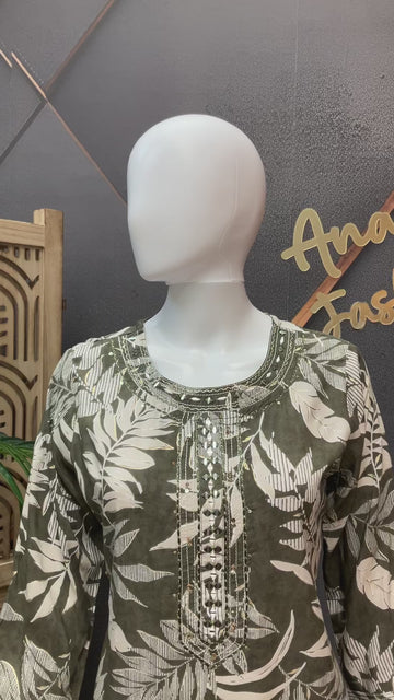 Green cotton Kurti- Leaf Pattern