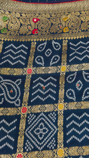 Premium Gharchola Bandhani Saree with Bead Embroidery - Contrast Blouse Material