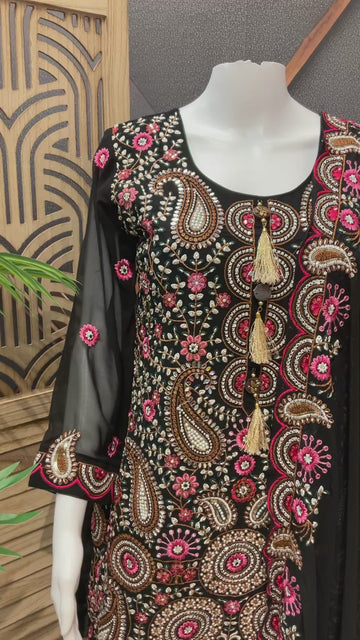 Designer Georgette Black Palazzo Set Size 38 - Heavy Embroidery Party Wear