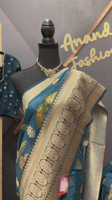 Teal blue Russian Silk saree with stitched blouse