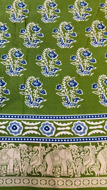 Mehandi Green Semi Modal Silk Ajrakh Saree with Block Prints - Traditional Handloom